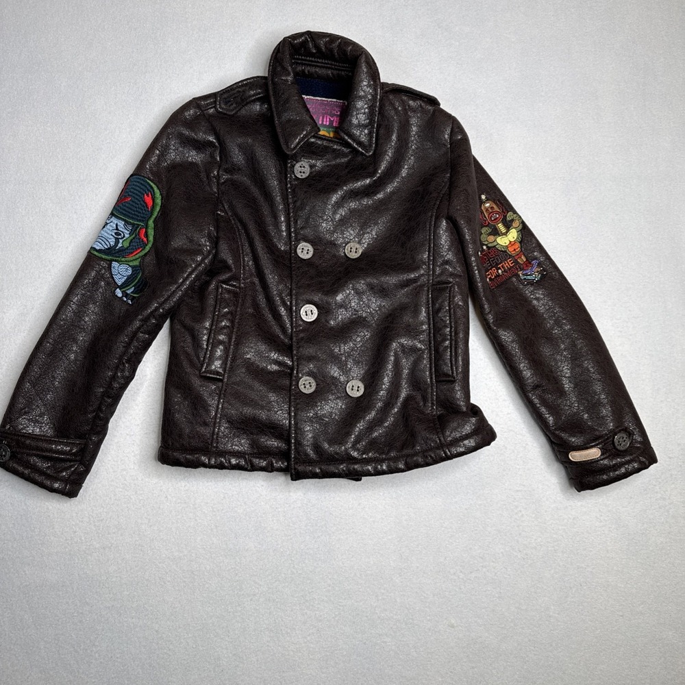 Custo Barcelona Growing Brown Faux Leather Fleece Lined Jacket Youth Size 10‎